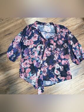 Xhilaration Navy Floral Tie-Neck Blouse with Pink Accents